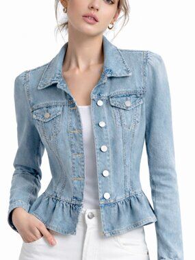 New Chelsea & Violet Cropped Denim Jean Jacket Puff Sleeve Peplum Hem | XS